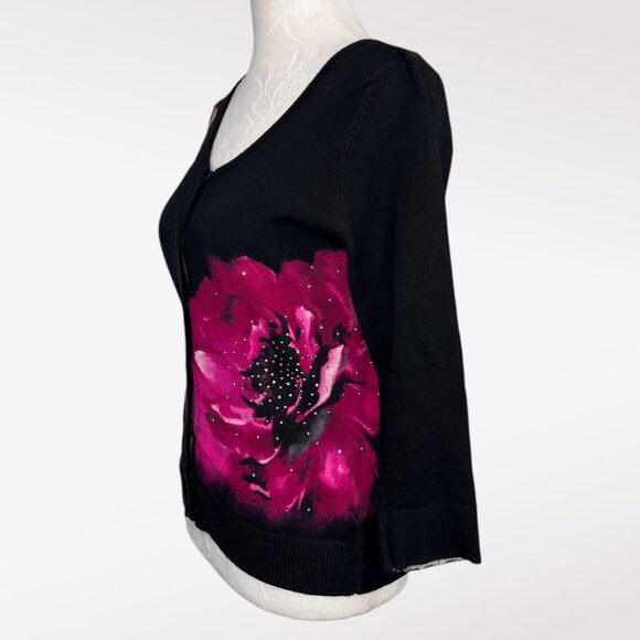 White House Black Market Cardigan Sweater Pink Floral Print 3/4 Sleeve Small - Picture 4 of 10